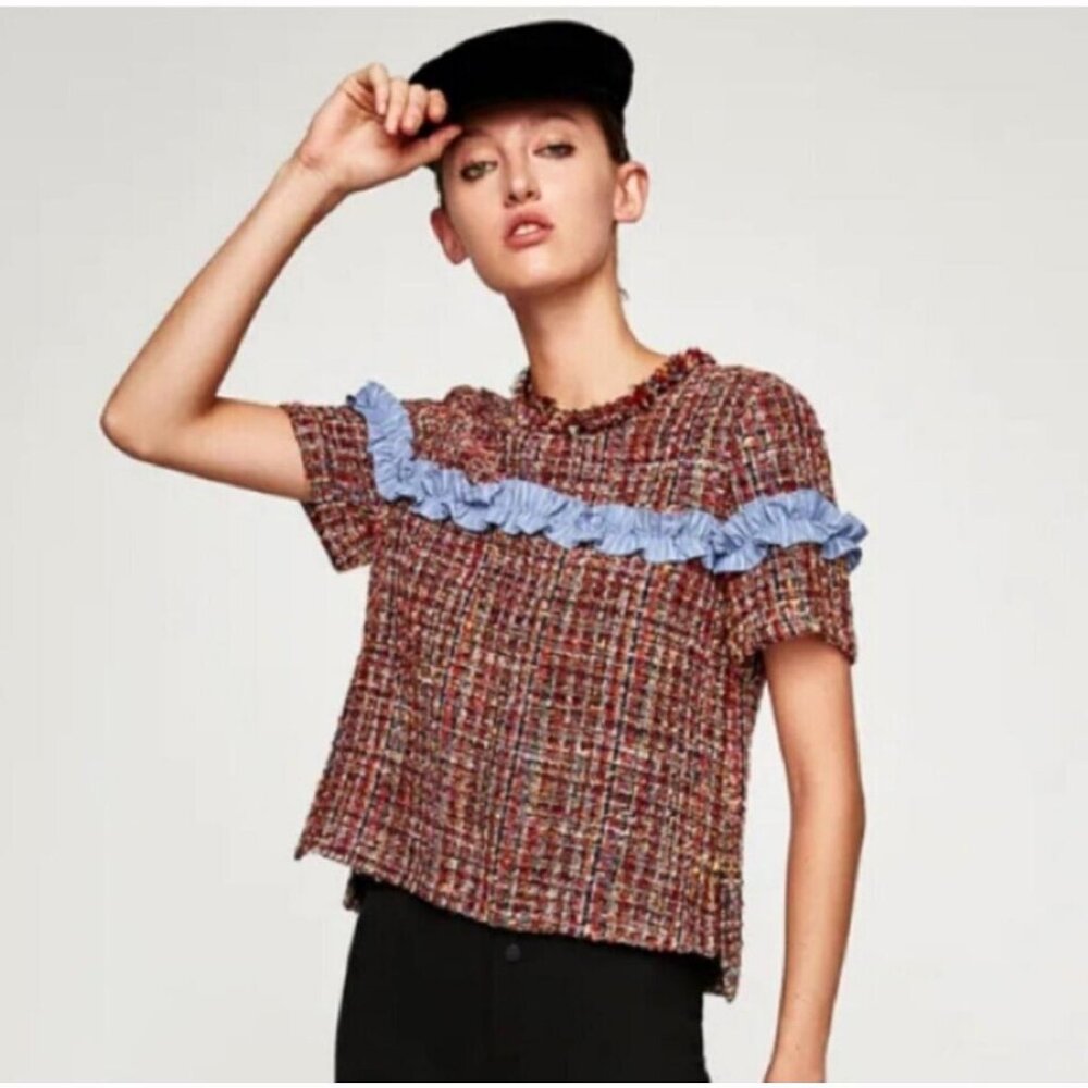 New Zara Woman Knit Tweed Red Blue Ruffle Fringe Boxy Crew Top Shirt Medium